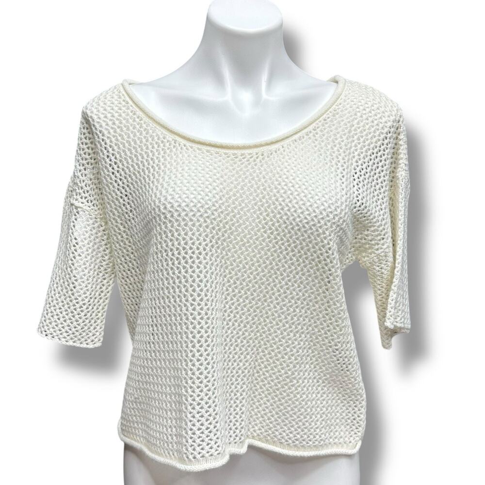 Y2K Sweater Open Knit White Rolled Hem Boxy Retro Festival Coastal Summer Sz XL